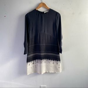 ALC black white abstract stripe silk long sleeve crewneck mini shift dress